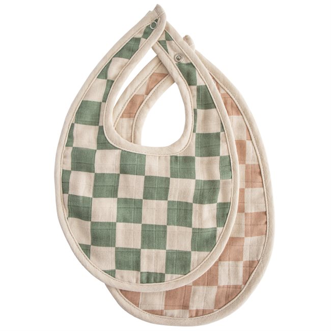 Mushie Muslin Bib 2-pack - Olive Check/Natural Check